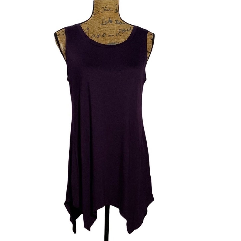 Logo Layers S Tunic Top Tee Shirt Lagenlook Asymmetric Hem Eggplant Purple